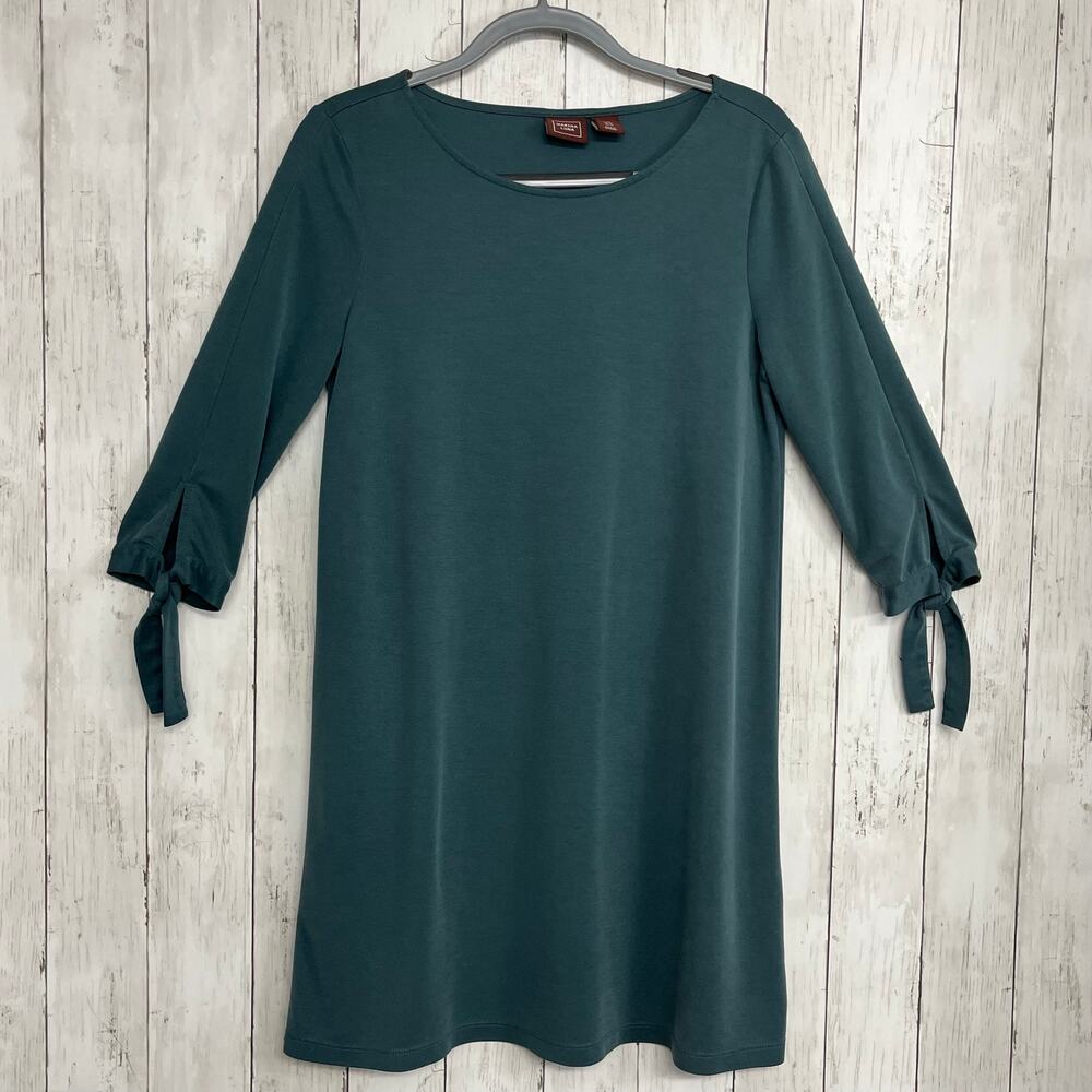 Marina Luna Green Soft Modal Blend Dress Medium Tie Sleeve Knit Shift Casual